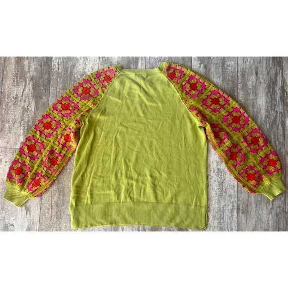 Kim Gravel Belle Boho Granny Square Crochet Sleeve Cotton Sweater Lime Green M - Picture 7 of 7